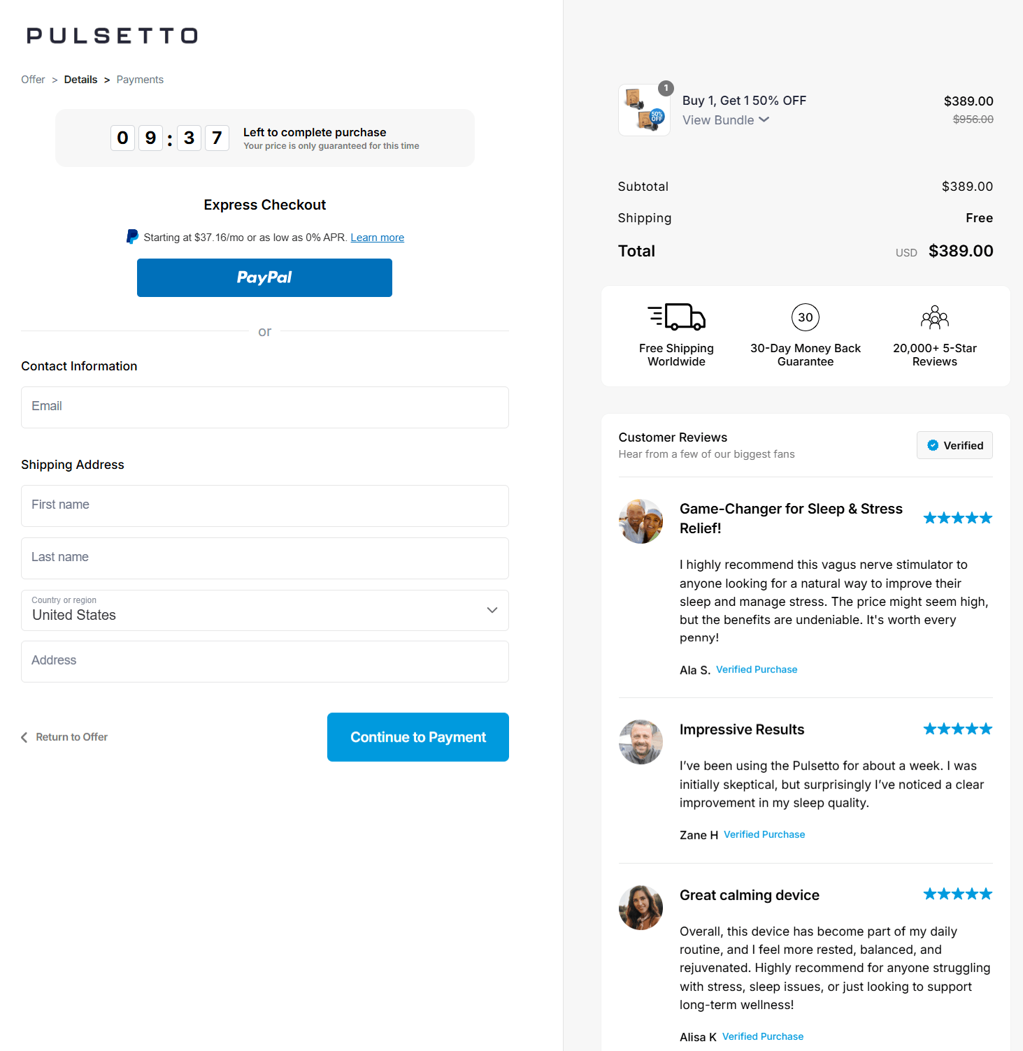Pulsetto Device checkout page